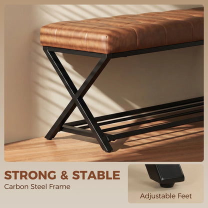HOMCOM Schuhbank mit gepolstertem Sitz, Schuhregal, Industrial X-Rahmen aus Stahl, PU-Leder, belastbar bis 220 kg, 112 x 37 x 47 cm, Braun