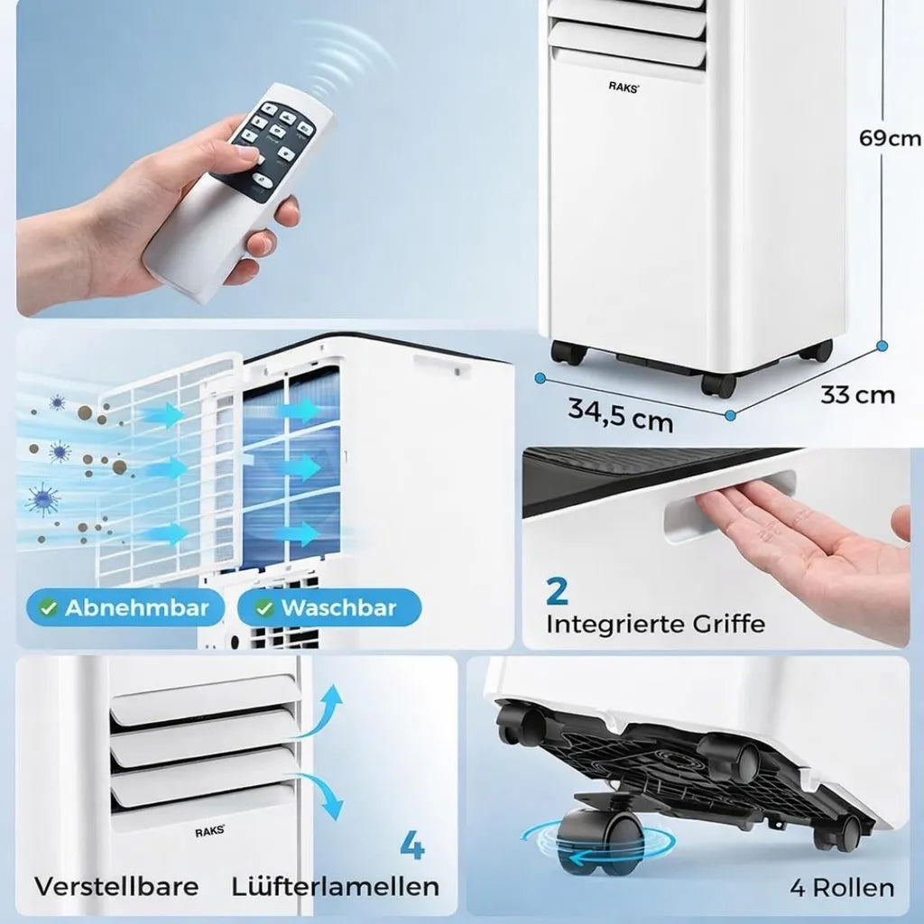 JUNG 3-in-1-Klimagerät RAKS PRO AIR 9 mobile Klimaanlage mit Fernbedienung 2.5 KW, mobiles Klimagerät, mit Heizung, mit Abluftschlauch, Airconditioner