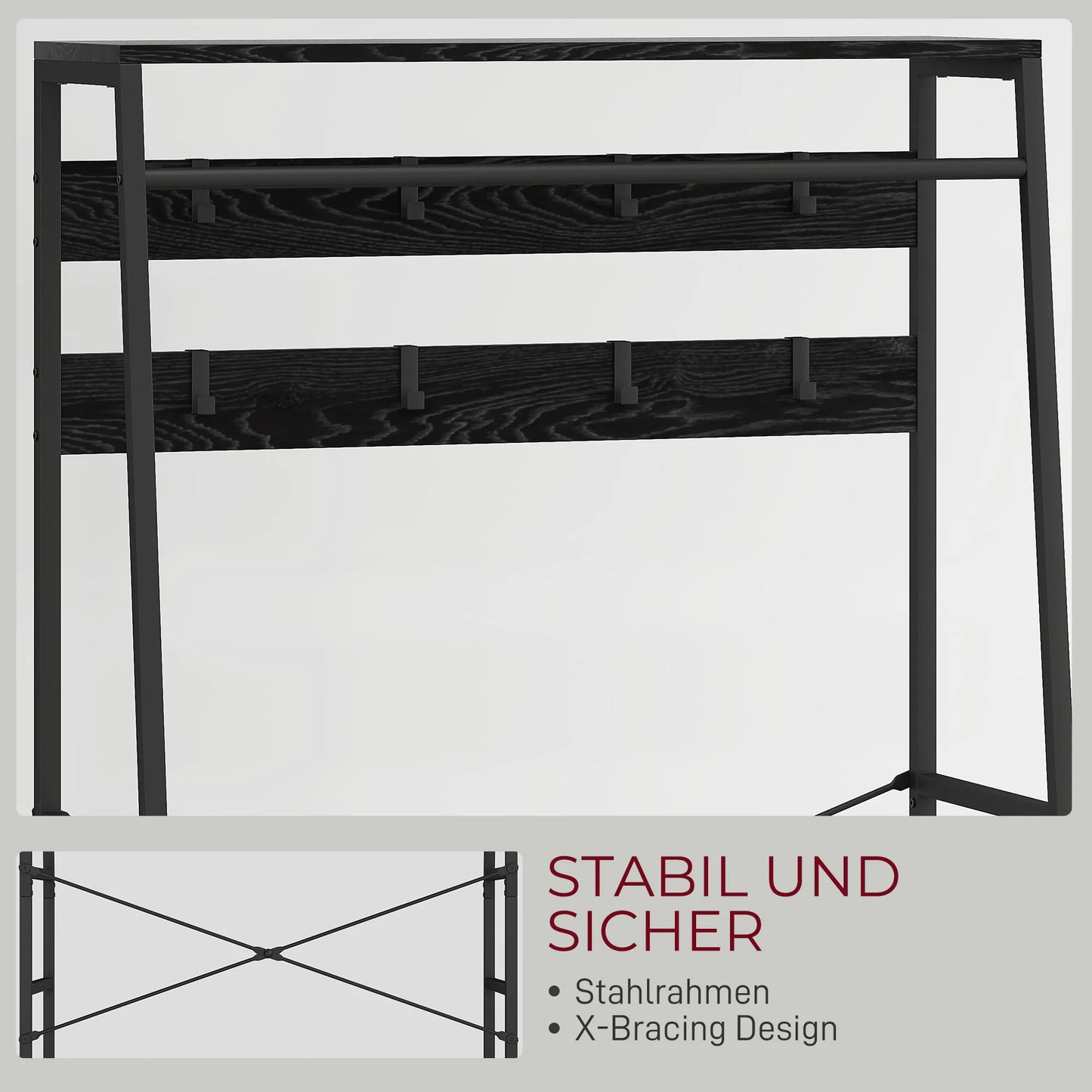 HOMCOM Garderobenständer, Kleiderstange mit Schuhregal, 2 Stoffschubladen, Garderobe mit 8 Haken, Regal, Garderobenständer mit Kippschutz, für Eingangsbereich, Flur, Schlafzimmer, Schwarz