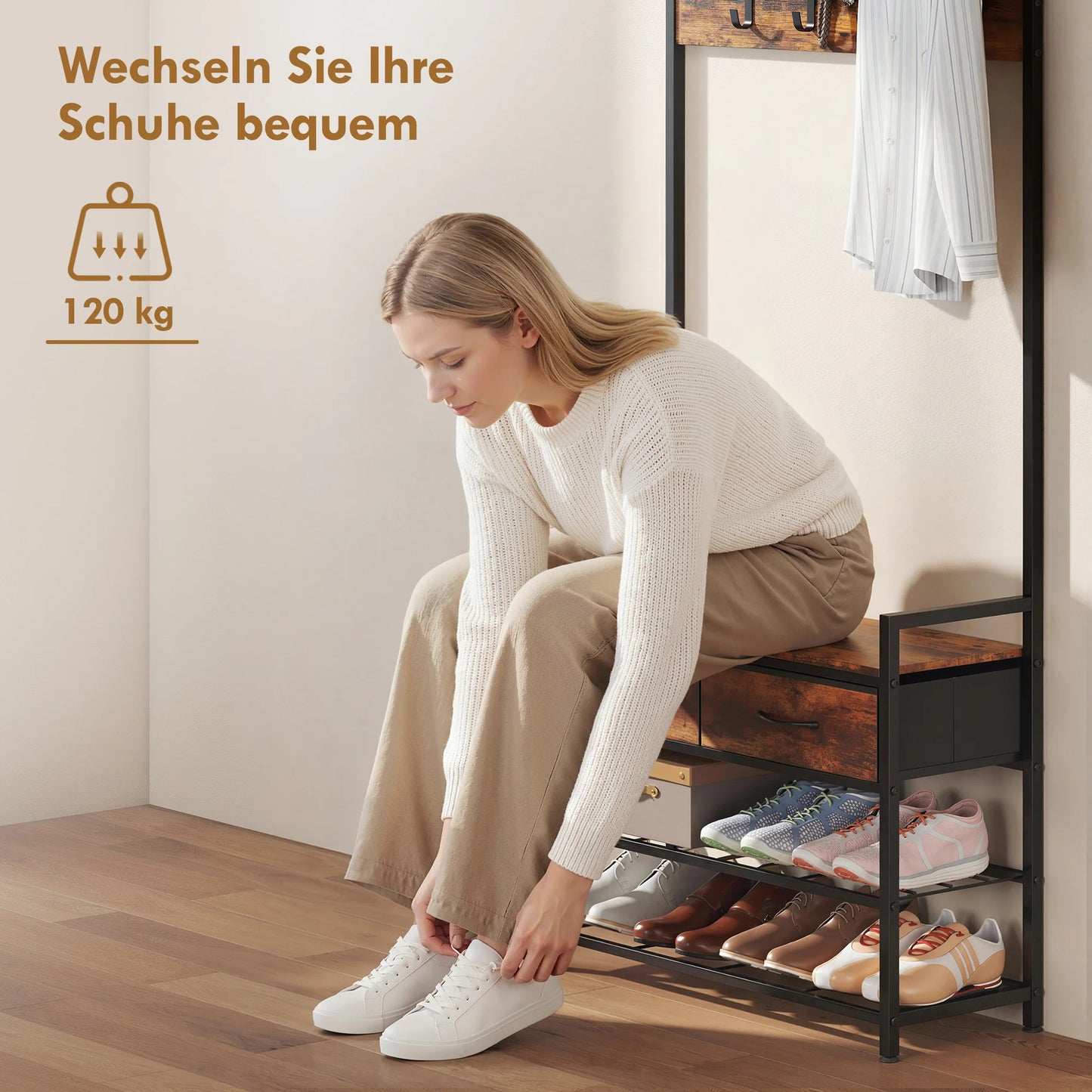 HOMCOM 5‑in‑1 Garderobenbaum mit Sitzbank & Organizer, Industrie-Stahlgestell, Rustikalbraun