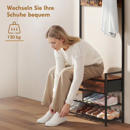 HOMCOM 5‑in‑1 Garderobenbaum mit Sitzbank & Organizer, Industrie-Stahlgestell, Rustikalbraun