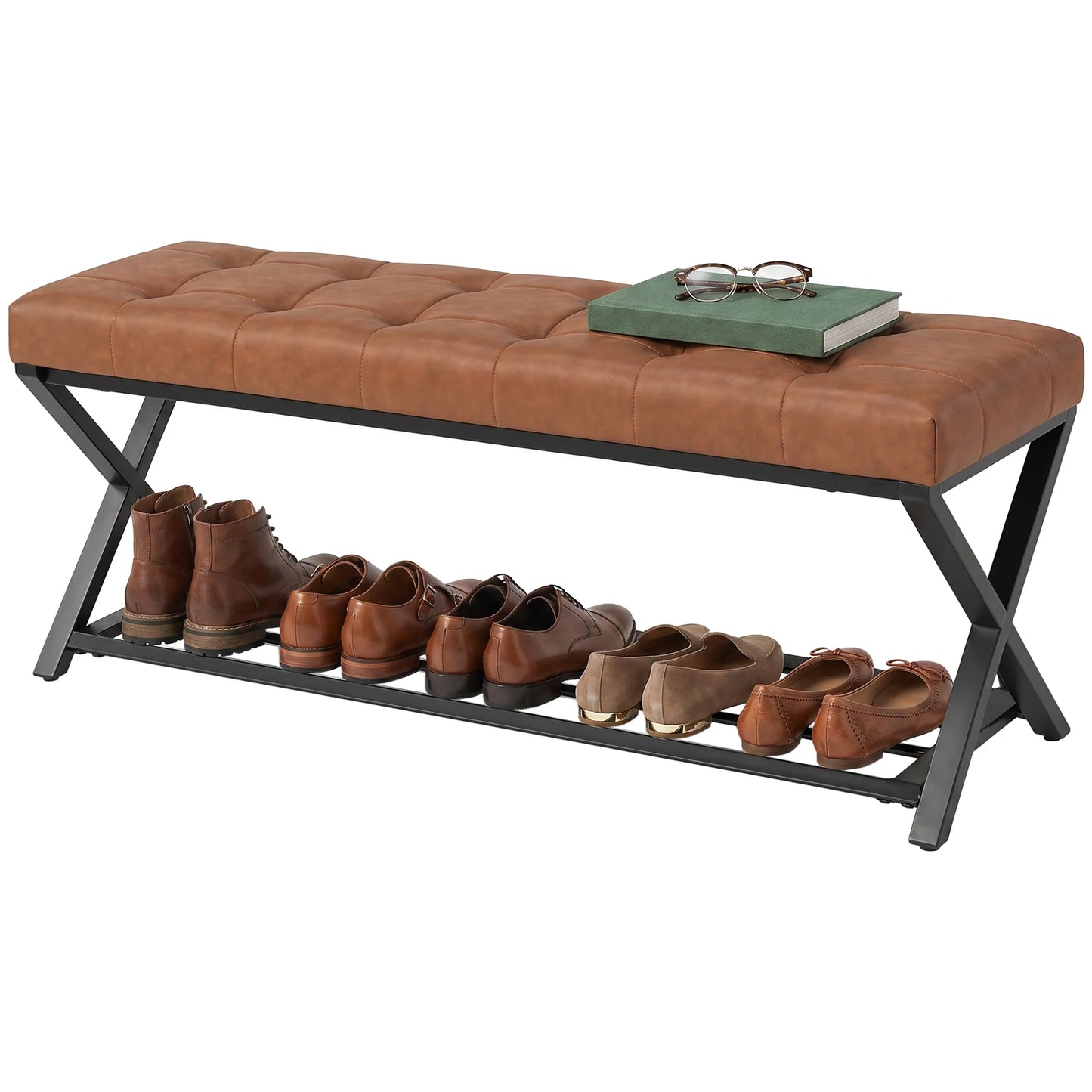 HOMCOM Schuhbank mit gepolstertem Sitz, Schuhregal, Industrial X-Rahmen aus Stahl, PU-Leder, belastbar bis 220 kg, 112 x 37 x 47 cm, Braun