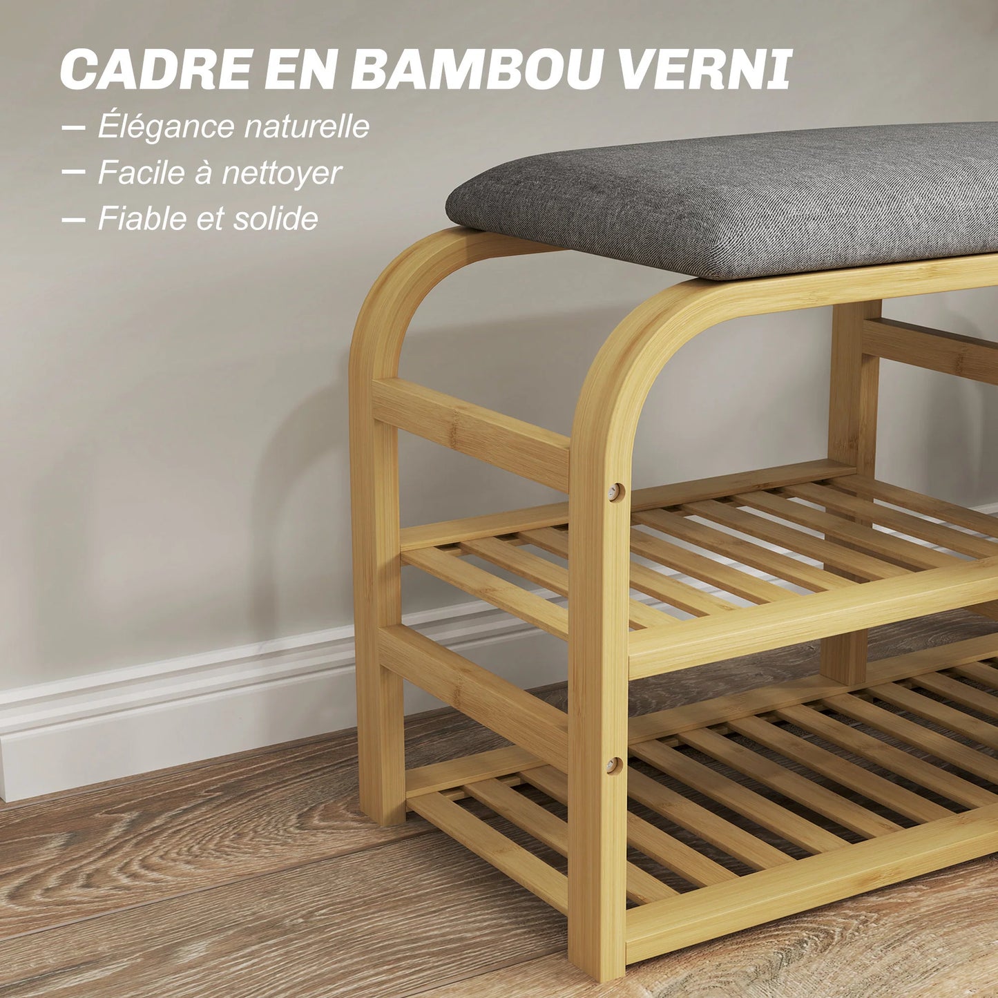 HOMCOM Schuhbank aus Bambus mit gepolsterter Sitzfläche, 2 Lattenregalen und schiebendem Stoffkorb, Flurbank für Flur, Schlafzimmer, 70x30x45cm, Naturholz