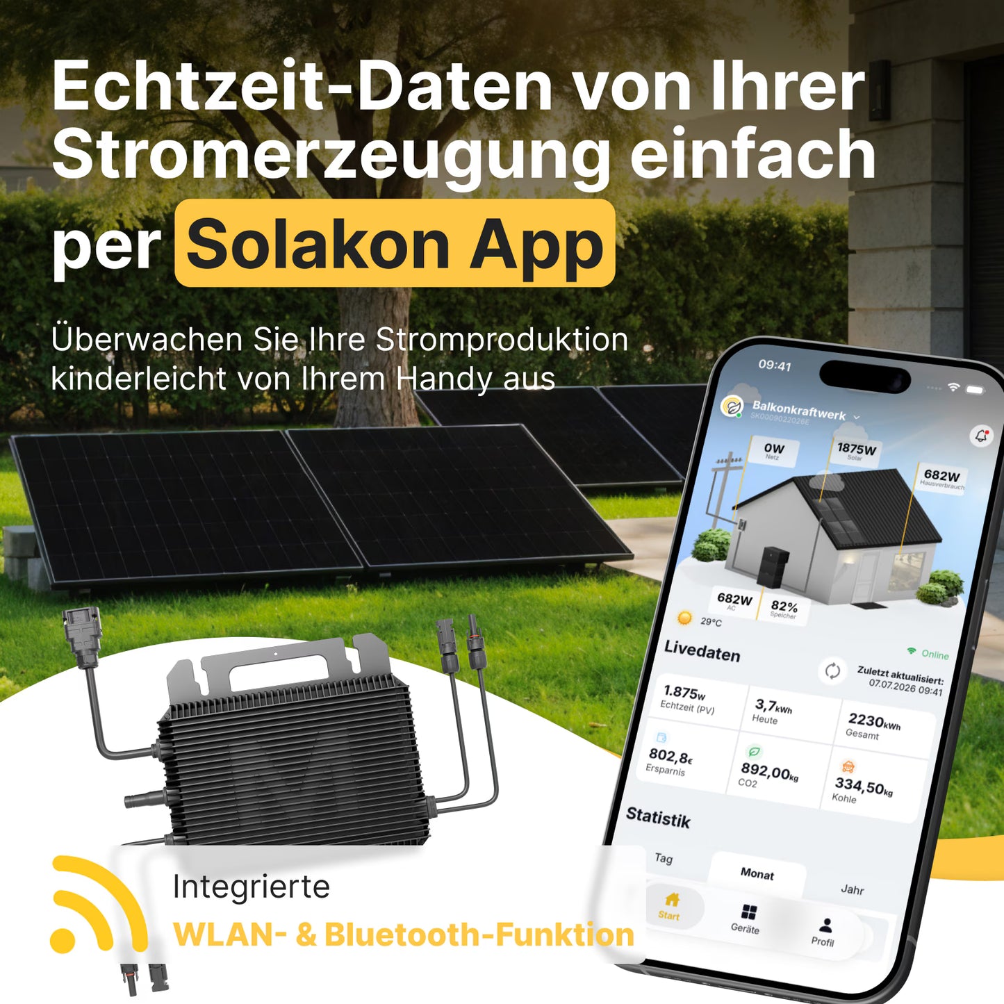 Balkonkraftwerk 1000W/800W Solaranlage Steckerfertig WIFI Komplettset Photovoltaik Anlage 800W, Kabellänge: 5m