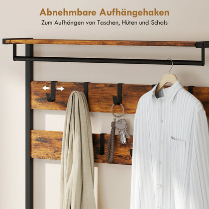 HOMCOM 5‑in‑1 Garderobenbaum mit Sitzbank & Organizer, Industrie-Stahlgestell, Rustikalbraun