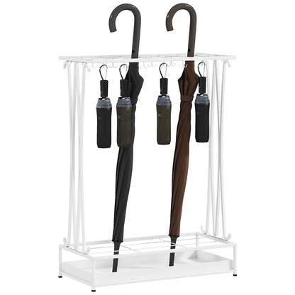HOMCOM Moderner Rechteckiger Regenschirmständer aus Stahl mit 24 Haken, 21 Fächern und Abnehmbarem Tropfteller für Eingangsbereich und Büro 50x24x68 cm Weiß