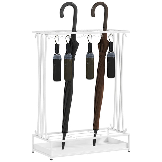 HOMCOM Moderner Rechteckiger Regenschirmständer aus Stahl mit 24 Haken, 21 Fächern und Abnehmbarem Tropfteller für Eingangsbereich und Büro 50x24x68 cm Weiß