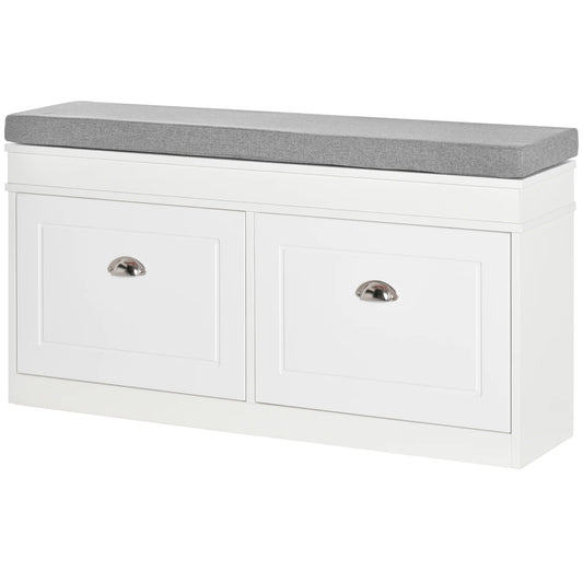 HOMCOM Schuhbank Schuhaufbewahrung für 8 Paare Schuhe mit 2 Schubladen, verstellbaren Regalen und gepolstertem Sitzkissen für Eingangsbereich Flur 104x24x55 cm Weiß