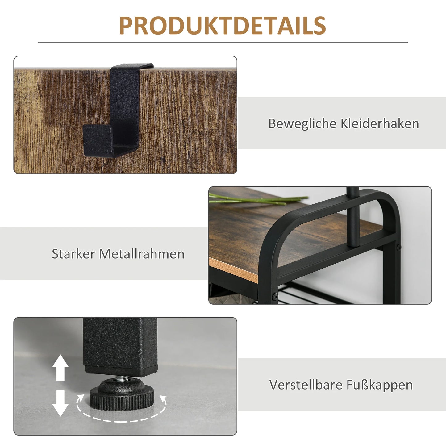 HOMCOM Kleiderständer Schuhregal mit 8 Haken und 2 Ablagen MDF Schwarz 72,8 x 34 x 182 cm