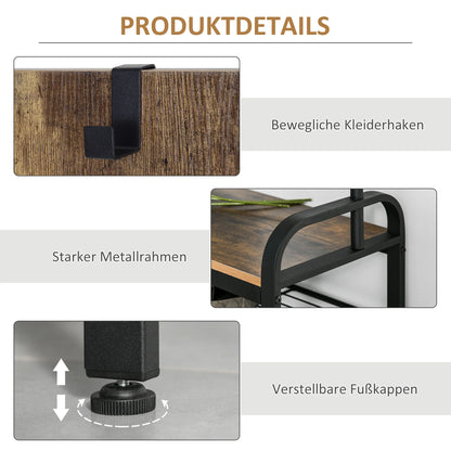 HOMCOM Kleiderständer Schuhregal mit 8 Haken und 2 Ablagen MDF Schwarz 72,8 x 34 x 182 cm