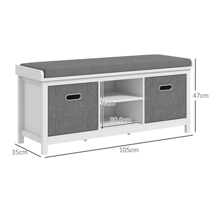 HOMCOM Schuhe-Bank mit verstellbarem 3-stufigem Regal, 2 abnehmbaren Schubladen und Polster, Möbel aus Spanplatte, 105x35x47 cm, Weiß und Grau