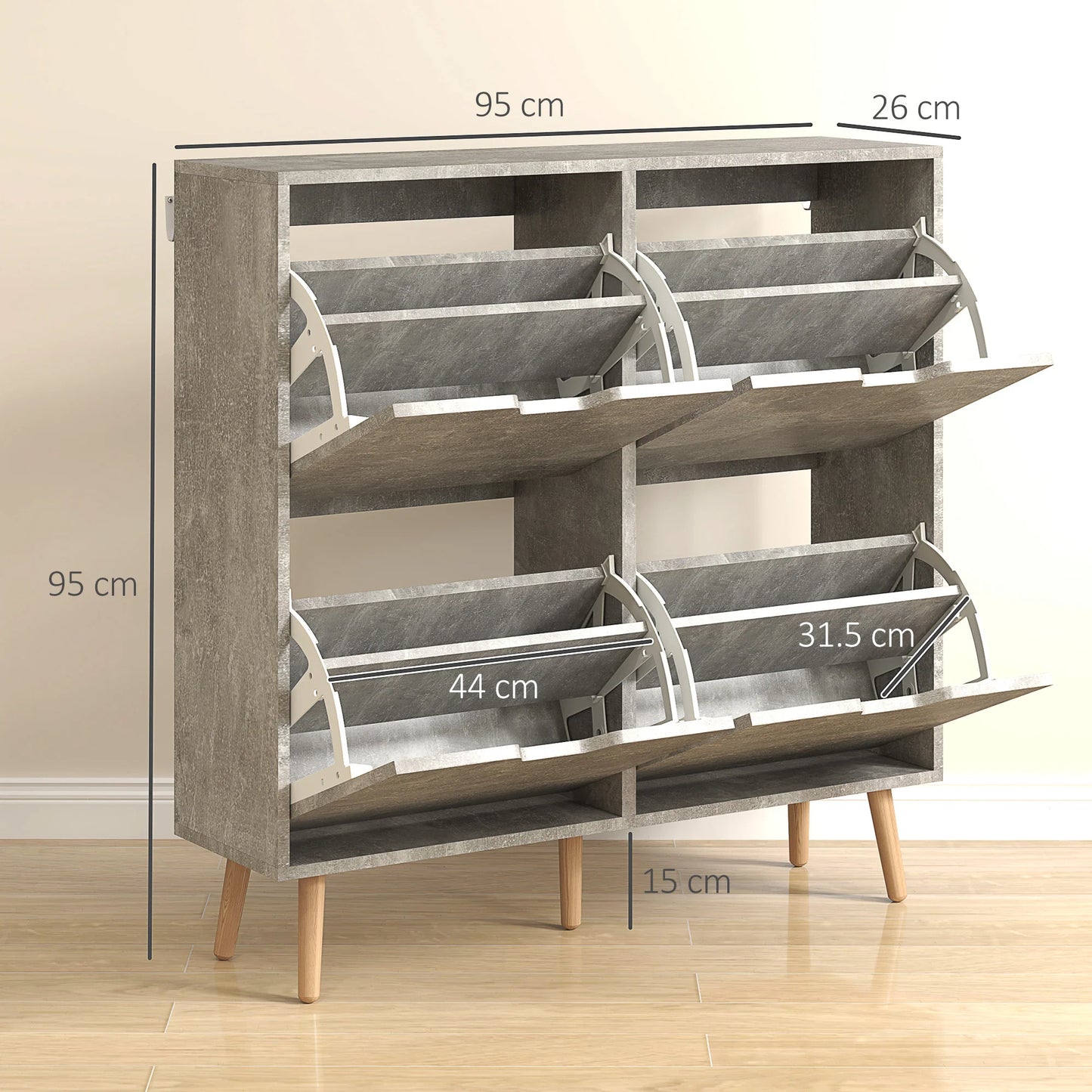 HOMCOM Schuhschrank für den Eingangsbereich mit 4 Klapptüren auf 2 Ebenen für 16 Paar Schuhe, platzsparender Schuhschrank mit verstellbaren Regalen aus Spanplatte und Kiefernholz, 95x26x95 cm, Grau