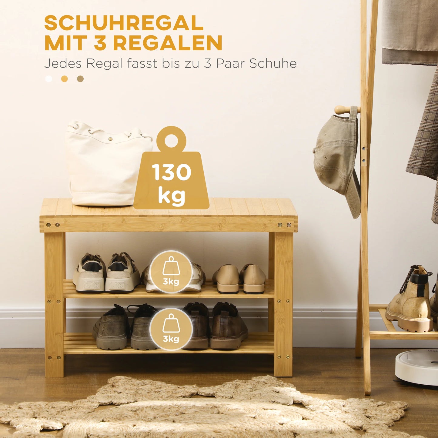 HOMCOM Schuhbank mit Sitzfläche, Bambus Sitzbank mit Stauraum, Schuhregal mit 2 offenen Fächern Garderobenbank für Wohnzimmer, Flur, 70 x 28 x 45 cm Natur