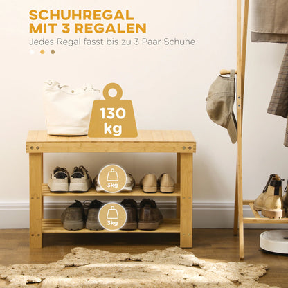HOMCOM Schuhbank mit Sitzfläche, Bambus Sitzbank mit Stauraum, Schuhregal mit 2 offenen Fächern Garderobenbank für Wohnzimmer, Flur, 70 x 28 x 45 cm Natur