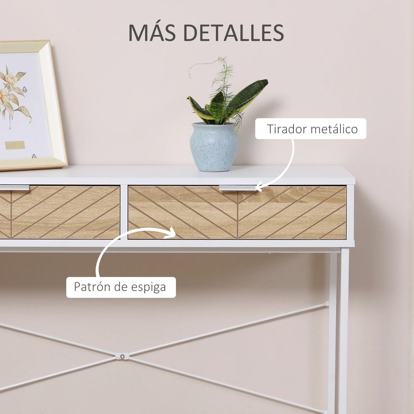 HOMCOM Schmale Konsole für den Eingangsbereich mit 2 Schubladen, modernes Design mit eingeprägten Linien für Flur, Wohnzimmer und Schlafzimmer 100x30x75 cm Weiß und Eiche