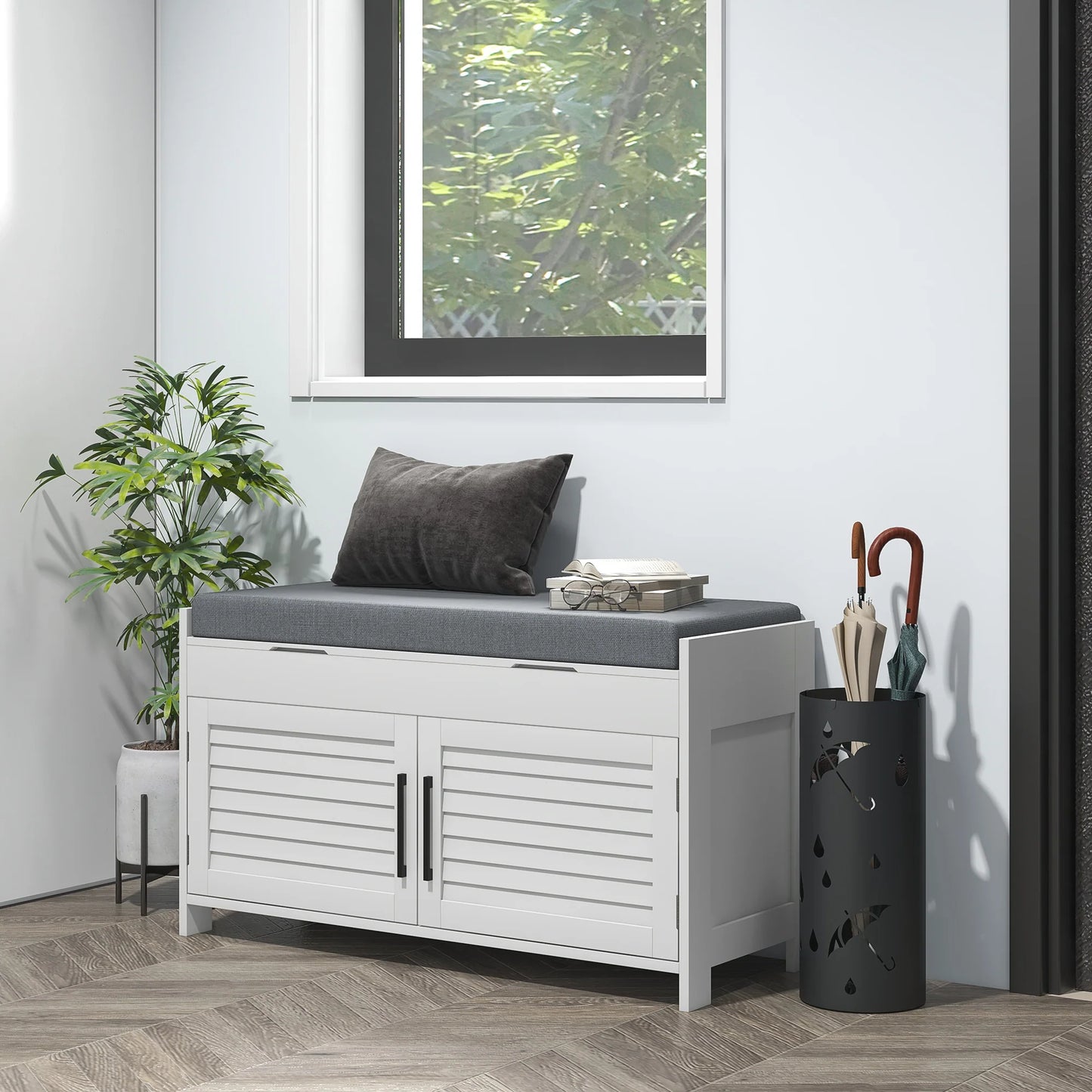 HOMCOM Schuhbank mit verstellbarem Innenregal in 3 Höhen, schlanke Schuhbank aus MDF mit Leinenbezug, 90x36x50 cm, Weiß und Grau