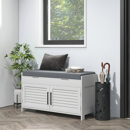 HOMCOM Schuhbank mit verstellbarem Innenregal in 3 Höhen, schlanke Schuhbank aus MDF mit Leinenbezug, 90x36x50 cm, Weiß und Grau