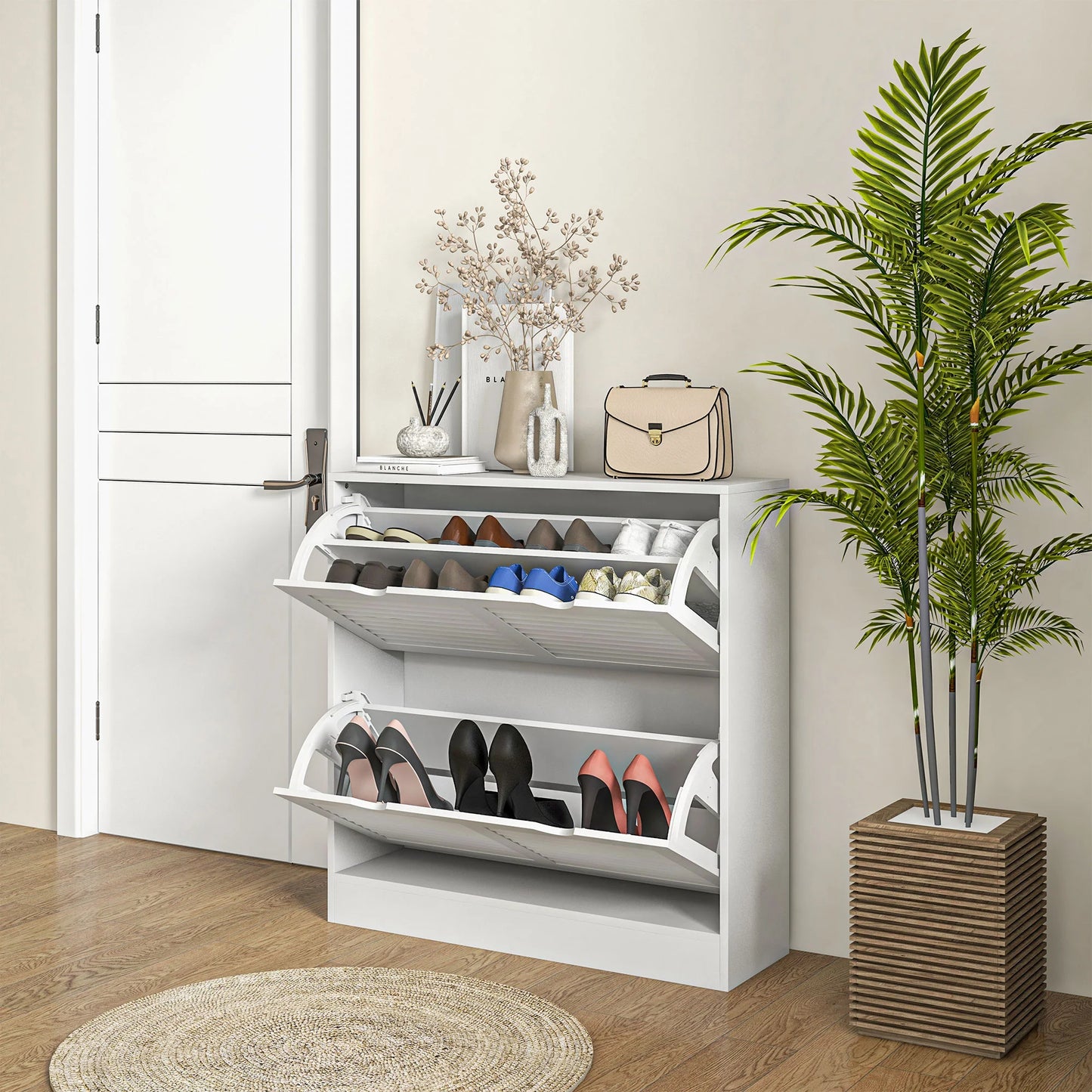 HOMCOM Moderner Schuhregal Eingangsschuhschrank mit 2 Klapptüren und verstellbaren Regalen für 16 Paar Schuhe Schmaler Schuhschrank für Flur 81,5x25x83 cm Weiß