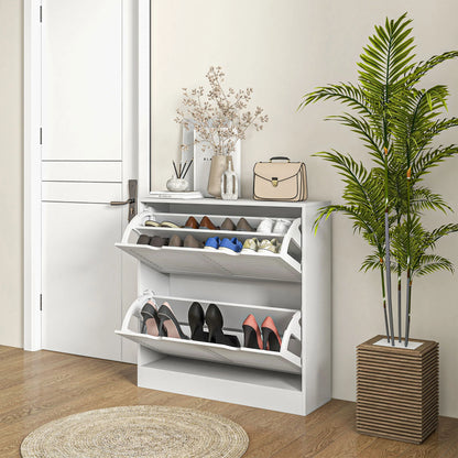 HOMCOM Moderner Schuhregal Eingangsschuhschrank mit 2 Klapptüren und verstellbaren Regalen für 16 Paar Schuhe Schmaler Schuhschrank für Flur 81,5x25x83 cm Weiß