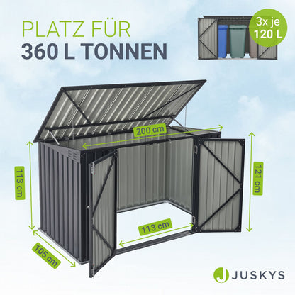 Juskys Mülltonnenbox Namur 2 m² Aufbewahrungsbox in grau für 3 Tonnen zwei großen Türen