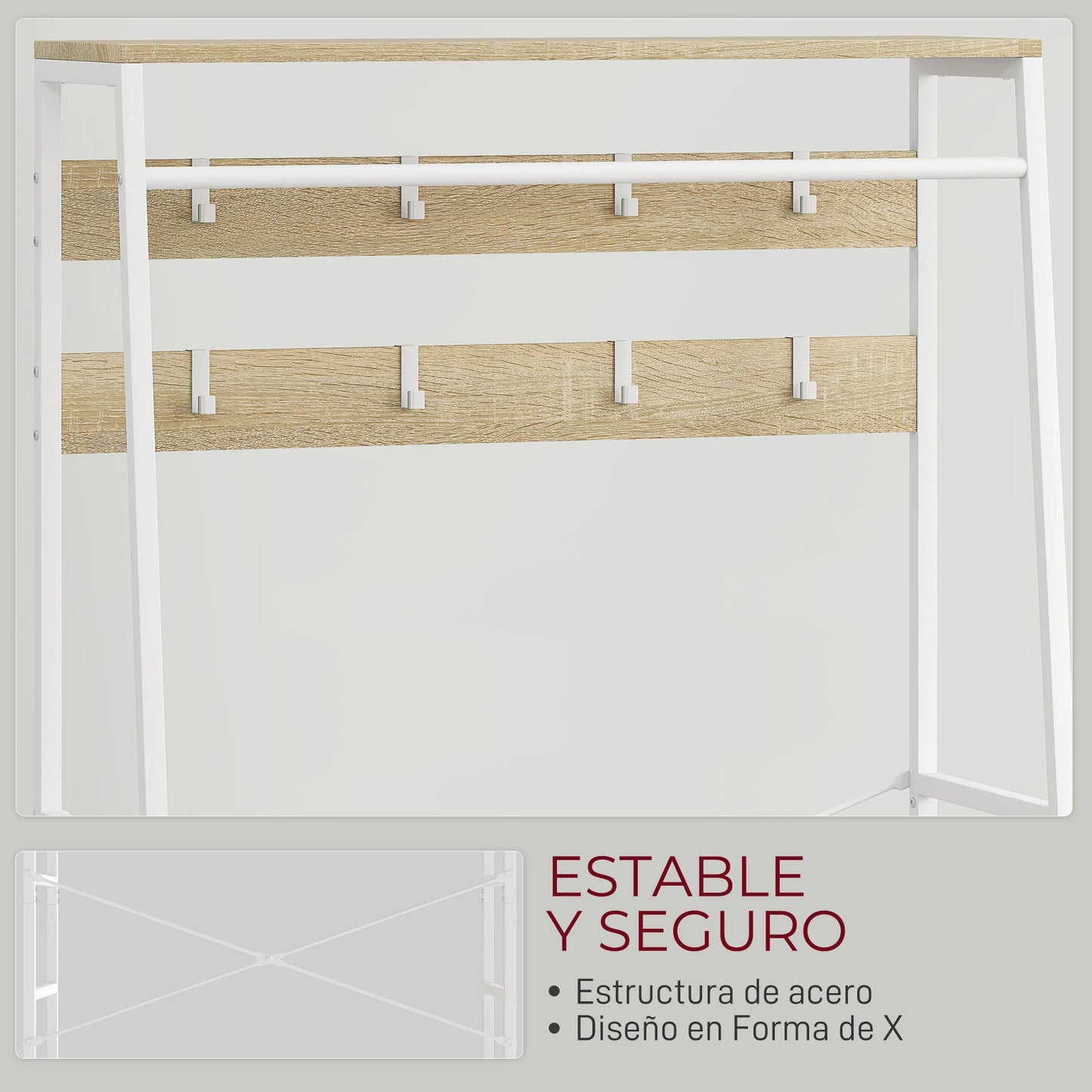 HOMCOM Garderobe mit Schuhregal – Eingangsbereich Garderobe mit Schuhregal, 8 Haken, 2 Stoffschubladen, Maschenregal im industriellen Stil für hängende Kleidung – Flur, Schlafzimmer, Wohnzimmer 80x30x180,5 cm Natur