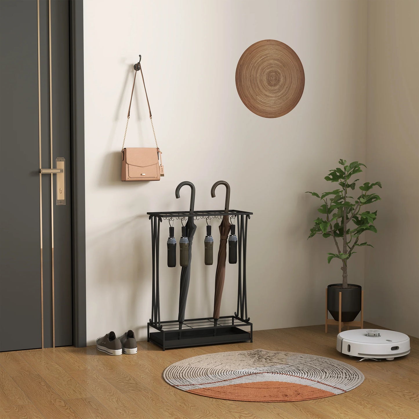 HOMCOM Regenschirmständer aus Stahl Rechteckiger Regenschirmhalter mit 24 Haken, 21 Öffnungen, Abnehmbarer Wassertropfschale für Gehstöcke & Regenschirme 50 x 24 x 68 cm Schwarz