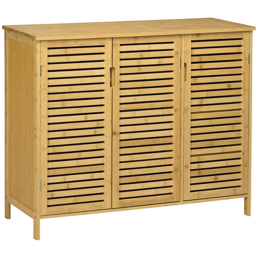 HOMCOM Schuhschrank aus Bambus für den Eingangsbereich mit 3 Lamellentüren und verstellbaren Regalen für 16 Paare von Schuhen, 100x35x80 cm Natur