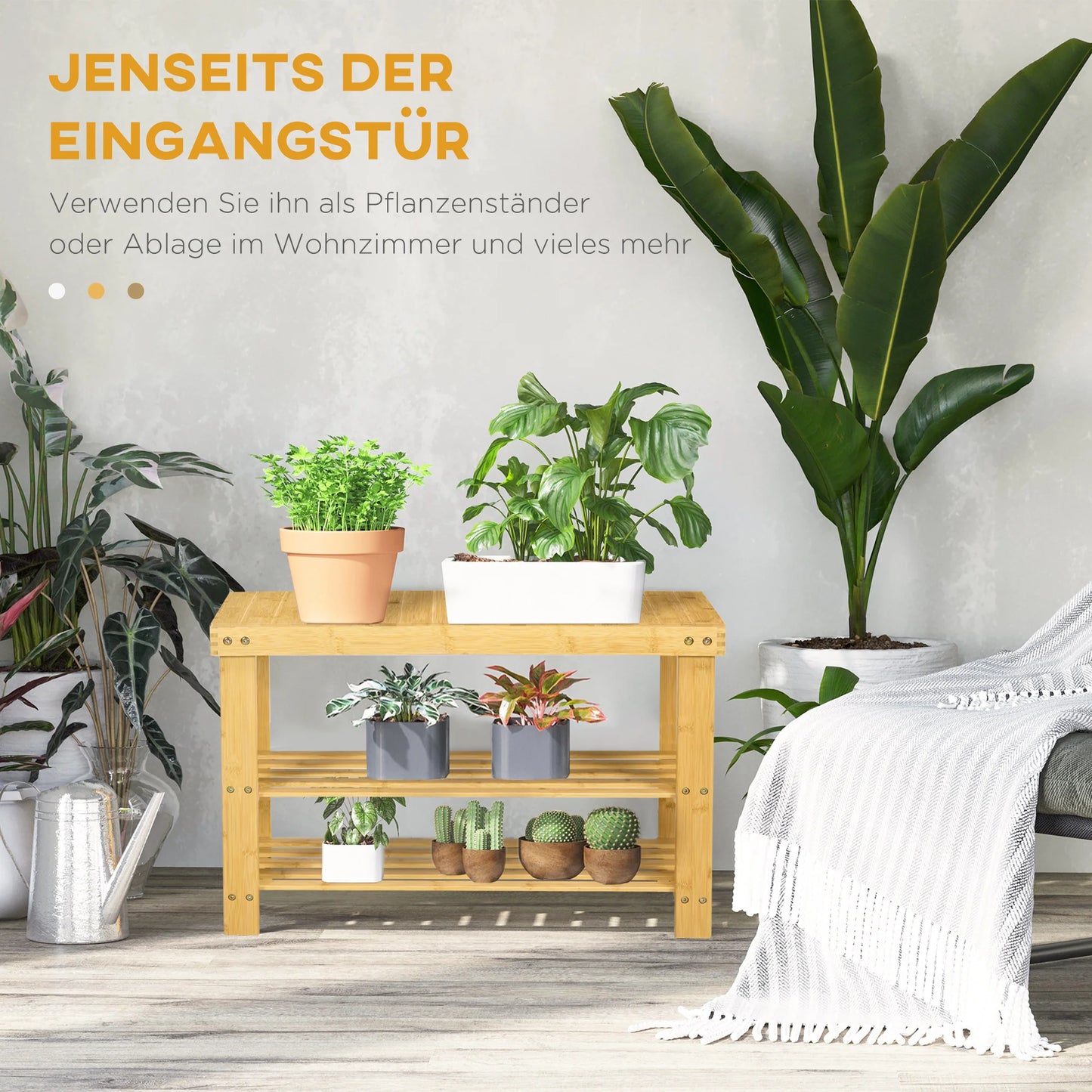 HOMCOM Schuhbank mit Sitzfläche, Bambus Sitzbank mit Stauraum, Schuhregal mit 2 offenen Fächern Garderobenbank für Wohnzimmer, Flur, 70 x 28 x 45 cm Natur