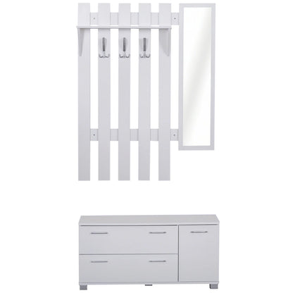 HOMCOM Eingangsset mit Spiegel, Garderobe und Schuhschrank – Eingangsbereich Möbel mit 3 Haken, Regal und 2 Schubladen für Diele in Weiß