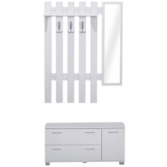 HOMCOM Eingangsset mit Spiegel, Garderobe und Schuhschrank – Eingangsbereich Möbel mit 3 Haken, Regal und 2 Schubladen für Diele in Weiß