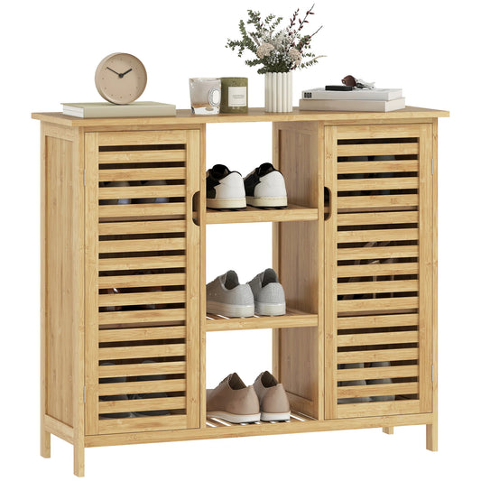 HOMCOM Bambus Schuhschrank mit 2 Lamellentüren – Schuhregal für den Eingangsbereich mit Regalen und offenen Fächern für 9 Paare Schuhe 100x33x86 cm Natur