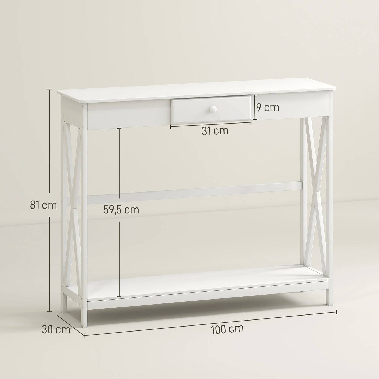 HOMCOM Konsolentisch aus Holz für den Eingangsbereich mit 1 Schublade und 1 Ablage für Flur und Wohnzimmer 100x30x81cm Weiß