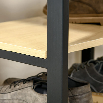 HOMCOM Garderobenständer mit Bank und Metall Schuhregal mit 3 Regalen und 4 Haken zum Aufhängen von Kleidung für Flur/Diele 60x40x175 cm Schwarz und Natur