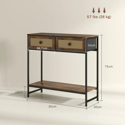 HOMCOM Konsolentisch Flurtisch mit Offener Ablage und 2 Front-Rattan-Schubladen Flur Konsolentisch Flur 80x30x75 cm Rustik Braun