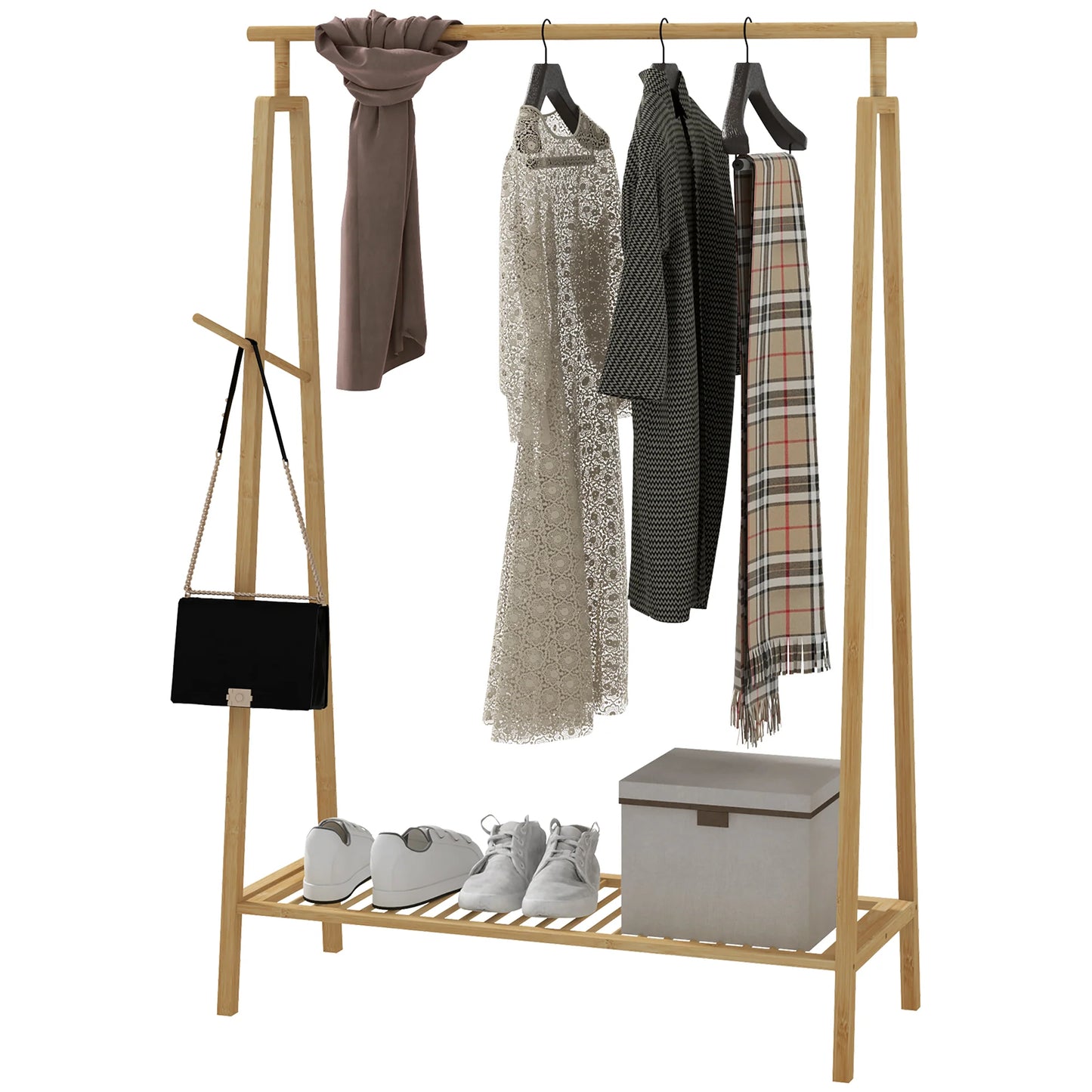 HOMCOM Bambus Kleiderständer, Holz Mantelständer mit Schuhregal 110L x 42B x 152H cm