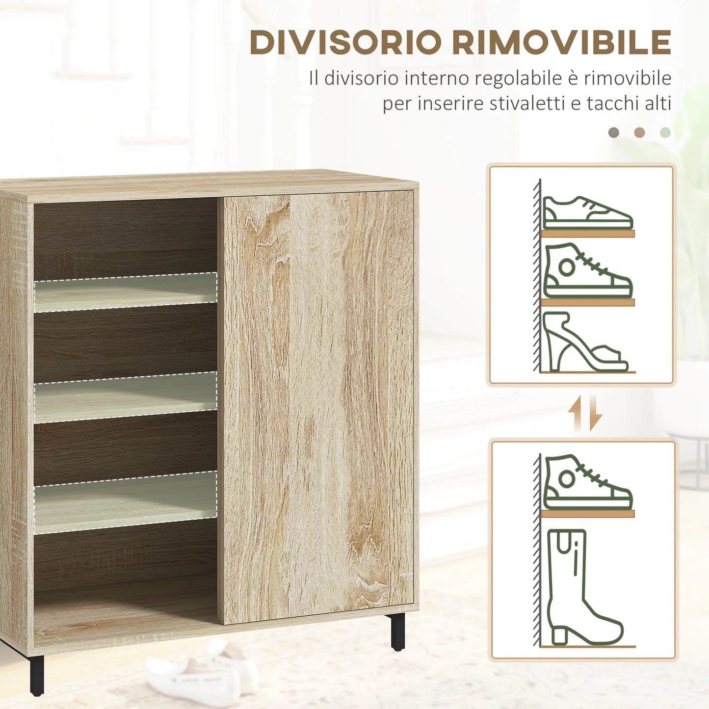 HOMCOM 4-stöckiger Schuhregal für den Eingangsbereich, Spanplatte und Stahl, Schuhaufbewahrung mit Schiebetür, Schuhlift mit Regalen für bis zu 12 Paar Schuhe, 80x40x93 cm, Holzfarbe