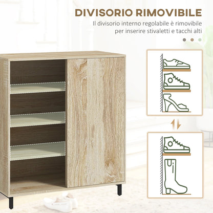 HOMCOM 4-stöckiger Schuhregal für den Eingangsbereich, Spanplatte und Stahl, Schuhaufbewahrung mit Schiebetür, Schuhlift mit Regalen für bis zu 12 Paar Schuhe, 80x40x93 cm, Holzfarbe