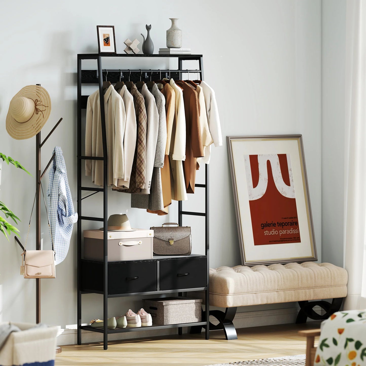 HOMCOM Garderobenständer, Kleiderstange mit Schuhregal, 2 Stoffschubladen, Garderobe mit 8 Haken, Regal, Garderobenständer mit Kippschutz, für Eingangsbereich, Flur, Schlafzimmer, Schwarz