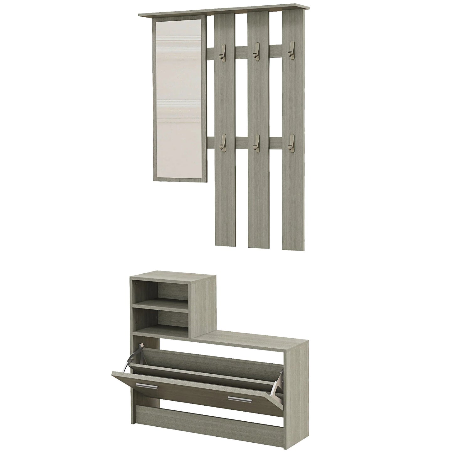 HOMCOM 4-in-1 Flurmöbel Set mit Garderobe, Spiegel, Sitzbank mit Regal und Schuhregal für 8 Paar Schuhe, Grau