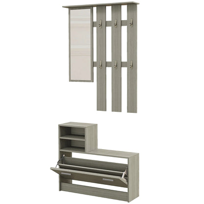 HOMCOM 4-in-1 Flurmöbel Set mit Garderobe, Spiegel, Sitzbank mit Regal und Schuhregal für 8 Paar Schuhe, Grau