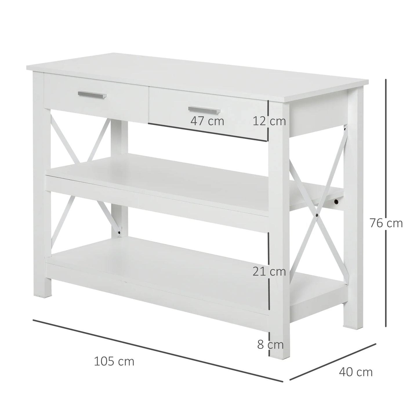 HOMCOM Konsolentisch Flurtisch mit 2 Schubladen und unteren Regalen Moderner Stil Metallrahmen 105x40x76 cm Weiß