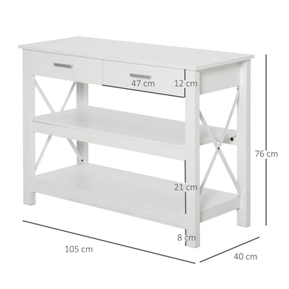 HOMCOM Konsolentisch Flurtisch mit 2 Schubladen und unteren Regalen Moderner Stil Metallrahmen 105x40x76 cm Weiß