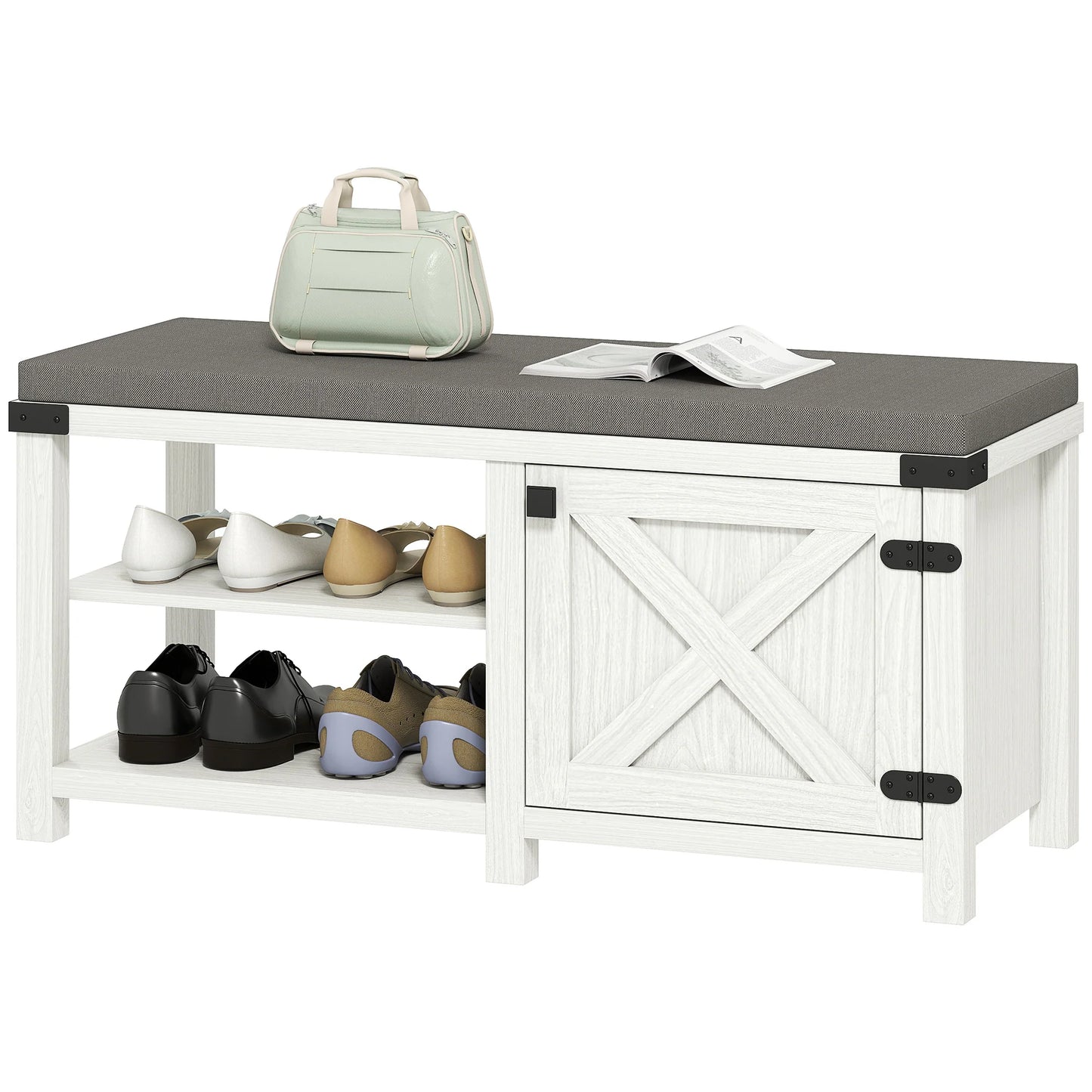 HOMCOM Rustikaler Schuhbänke Schuh Organizer mit Sitzplatz Schuhlagerbank mit Fächern und Kissen für 7 Paar Schuhe für Flur Wohnzimmer Schlafzimmer 100x40x48 cm Weiß und Grau