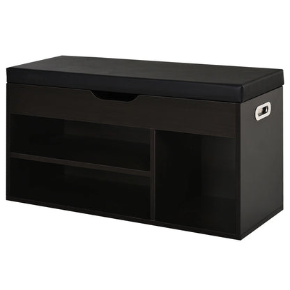HOMCOM Gepolsteter Schuhschrank für den Eingangsbereich, Schuhschrank mit Schuhregal, 3 Fächer, Sitzfläche aus PU-Leder, für Wohn- und Flurbereich, 80x30x43 cm, Schwarz