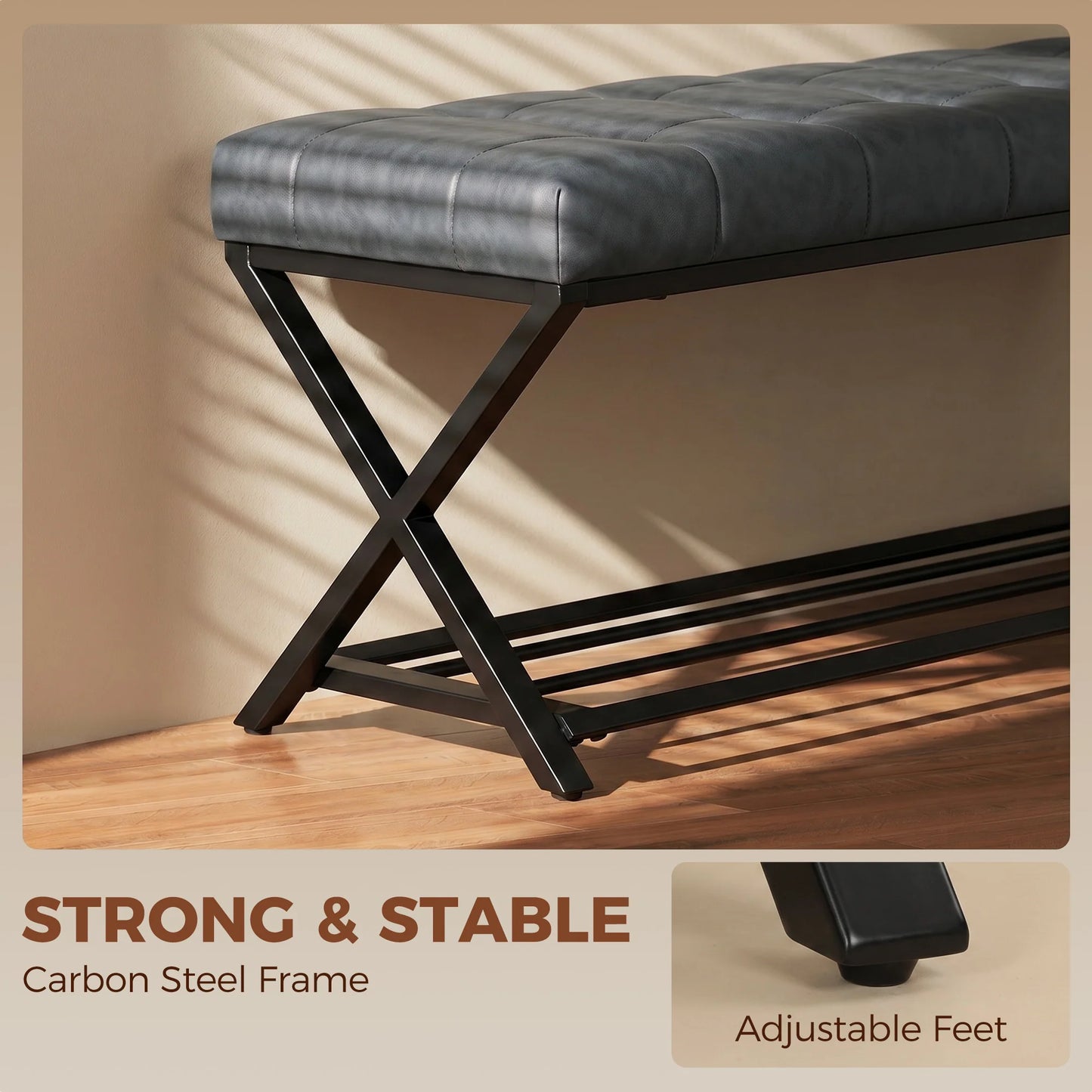 HOMCOM Gepolsterte Schuhbank mit Stauraum — Industrial X‑Frame Stahl, PU‑Kunstleder, 220 kg Tragfähigkeit, 112×37×47 cm, Dunkelgrau