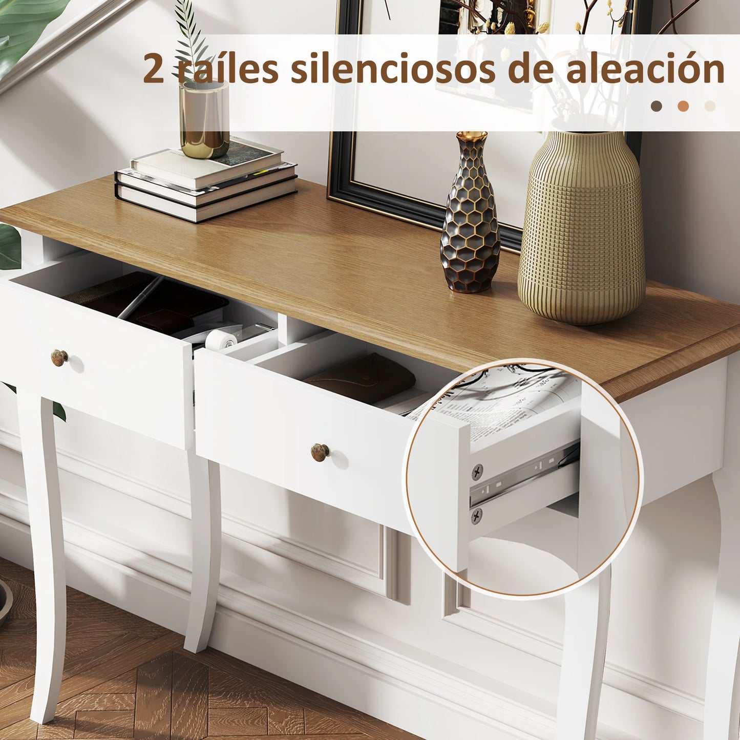 HOMCOM Konsolentisch Flurtisch mit 2 Schubladen im französischen Stil für Flur Schlafzimmer Wohnzimmer 100x35x76,5 cm Weiß und Dunkelbraun