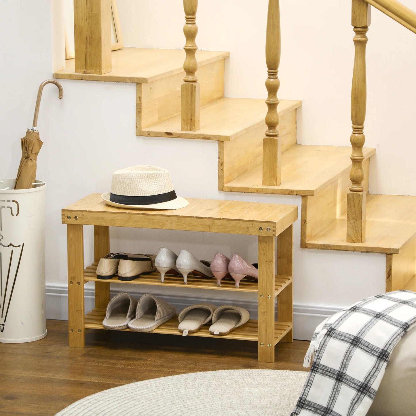 HOMCOM Schuhbank mit Sitzfläche, Bambus Sitzbank mit Stauraum, Schuhregal mit 2 offenen Fächern Garderobenbank für Wohnzimmer, Flur, 70 x 28 x 45 cm Natur