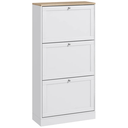 HOMCOM Schmales Schuhschrank mit 3 Klapptüren – Schuhaufbewahrung für den Eingangsbereich mit verstellbaren Regalen für 18 Paar Schuhe für schmale Flure 60x23,5x115 cm Weiß