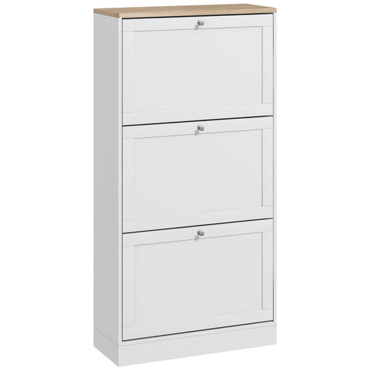 HOMCOM Schmales Schuhschrank mit 3 Klapptüren – Schuhaufbewahrung für den Eingangsbereich mit verstellbaren Regalen für 18 Paar Schuhe für schmale Flure 60x23,5x115 cm Weiß