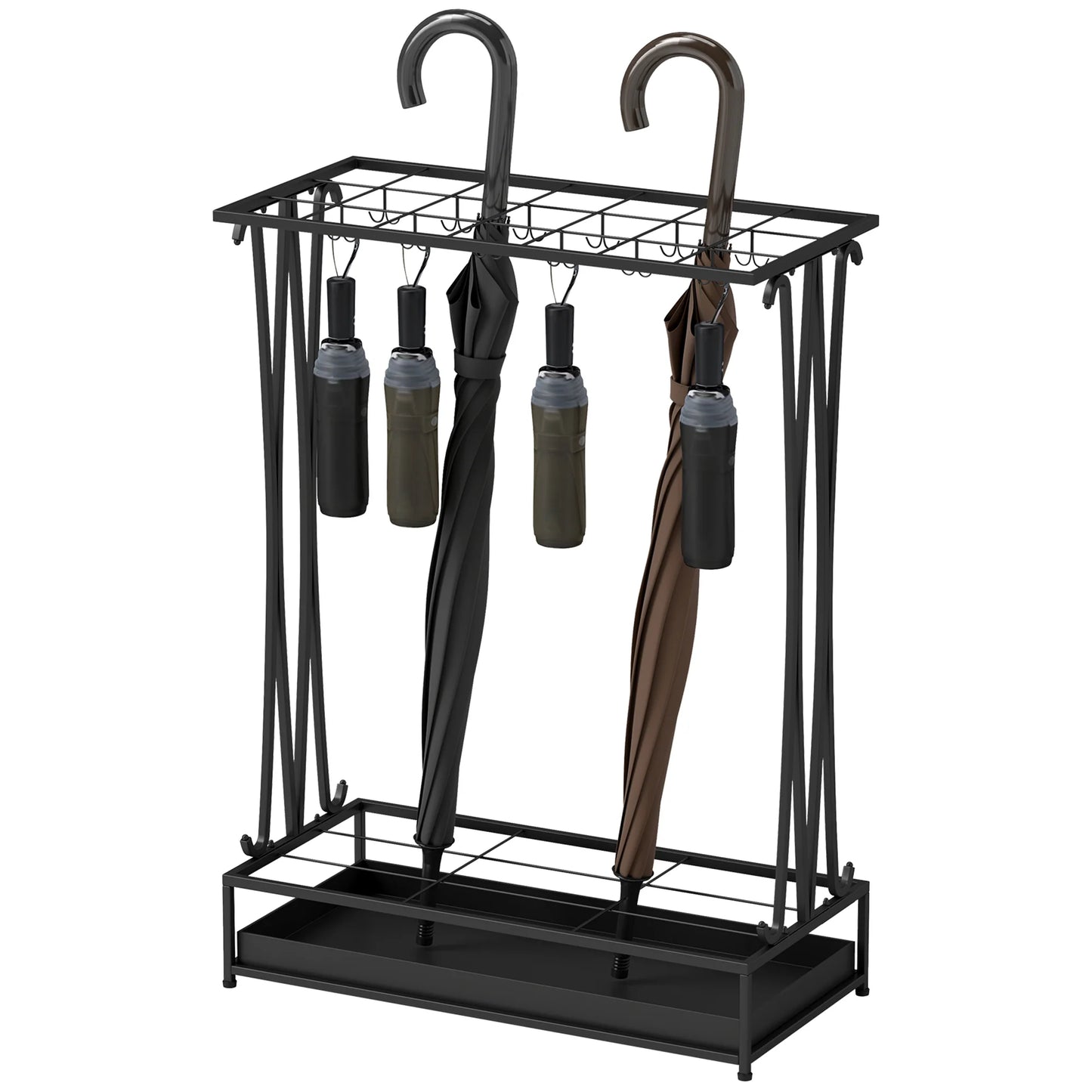 HOMCOM Regenschirmständer aus Stahl Rechteckiger Regenschirmhalter mit 24 Haken, 21 Öffnungen, Abnehmbarer Wassertropfschale für Gehstöcke & Regenschirme 50 x 24 x 68 cm Schwarz